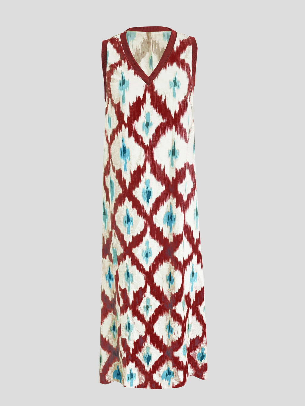 Sleeveless V-neck boho dress with loose fit and patchwork detail, perfect for casual and vacation wear