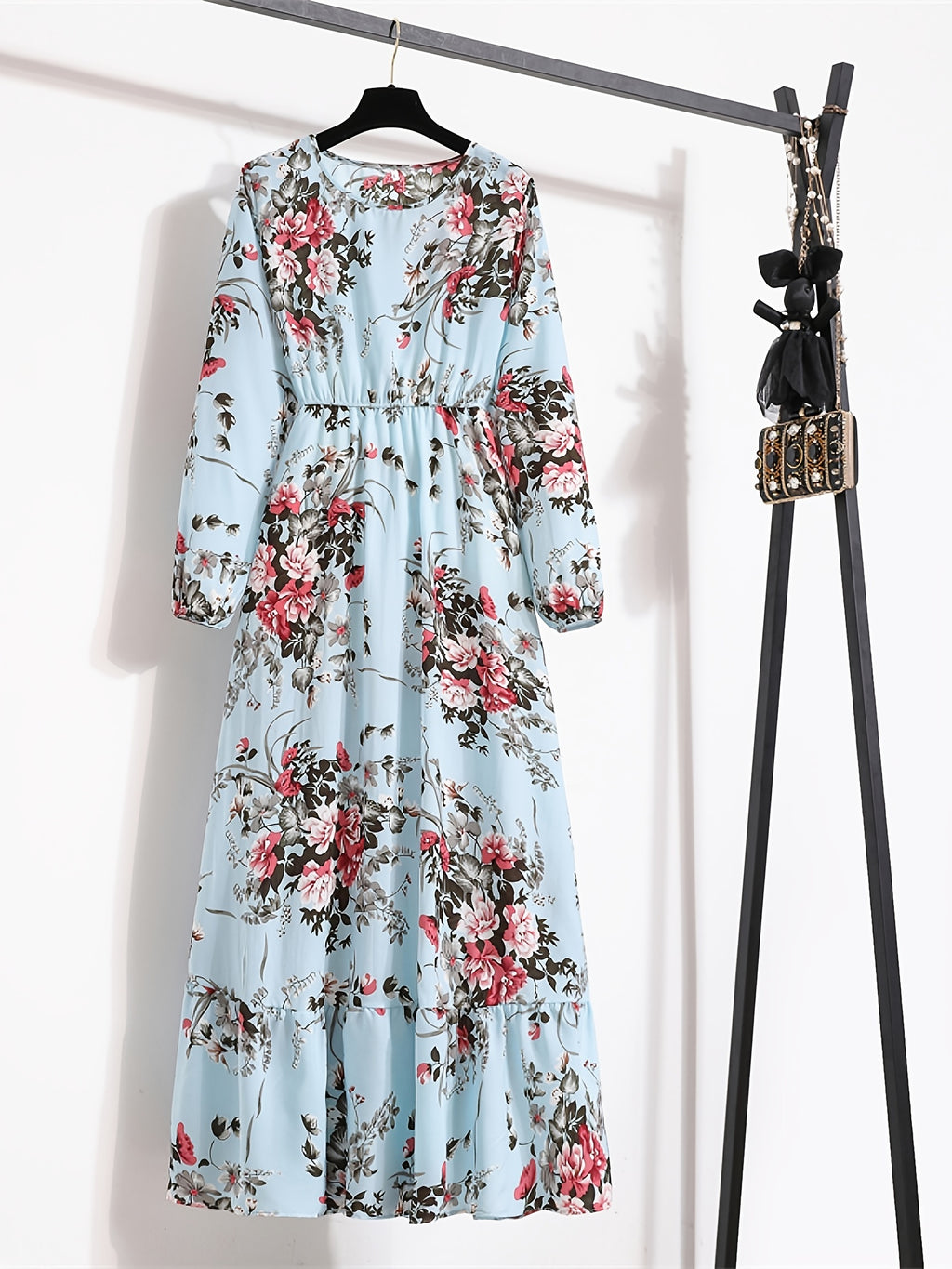 Bohemian A-Line Long Dress – Ruffle Hem & Round Neck