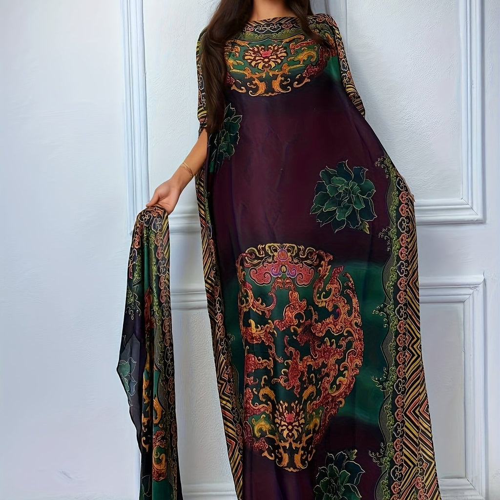 Plus size long kaftan robe with batwing sleeves and scarf, perfect for party and all-season wear