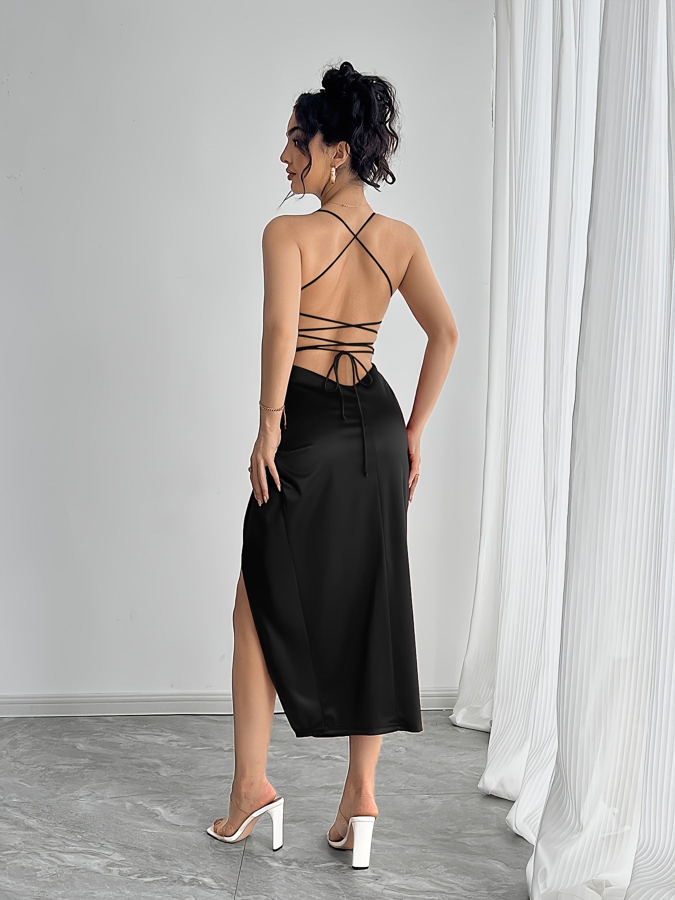 Mermaid evening gown with spaghetti straps, twist detail, and high slit — elegant, all-season formal wear