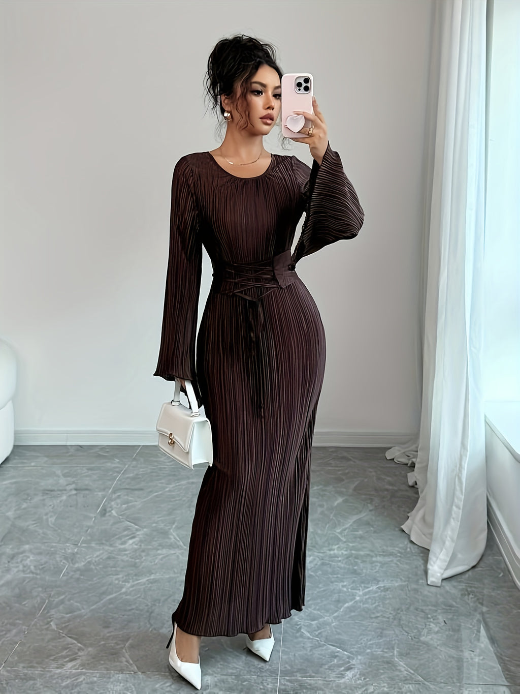 Long-sleeve dress with waist tie, perfect for autumn/winter, daily wear, dates, and gatherings