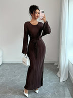 Long-sleeve dress with waist tie, perfect for autumn/winter, daily wear, dates, and gatherings