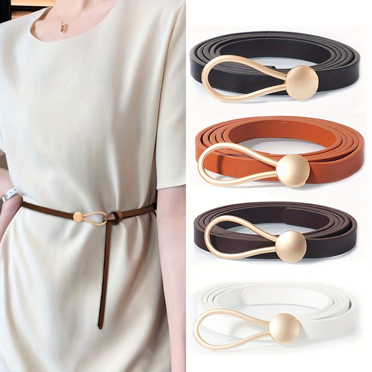 Slim elastic waist belt with alloy buckle — decorative and versatile for dresses and blouses