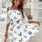 Off-shoulder butterfly print dress with lace sleeves, perfect for summer outings