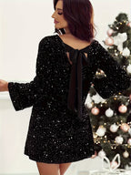 Black sequin crew-neck dress with long sleeves and back bowknot — ideal for parties and holiday events