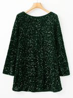 Black sequin crew-neck dress with long sleeves and back bowknot — ideal for parties and holiday events