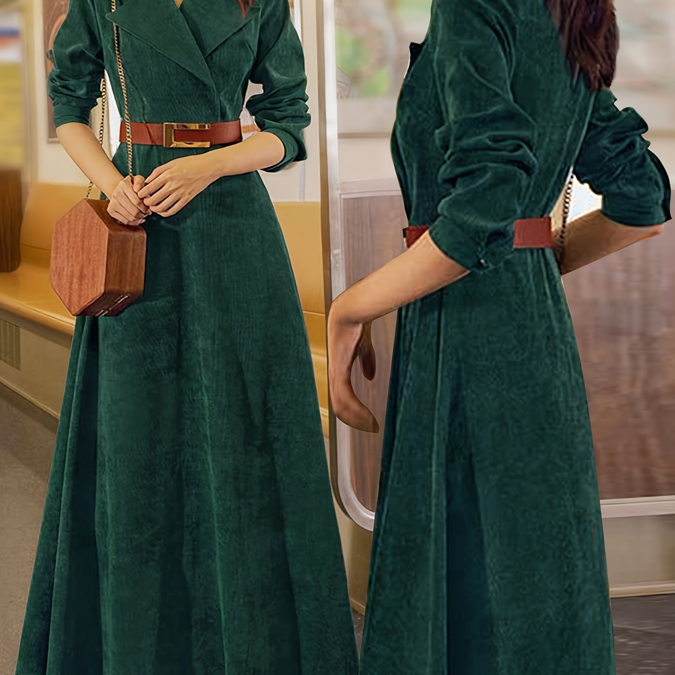 Long sleeve trench coat dress with double-breasted front, belted waist, and pockets — vintage autumn/winter style