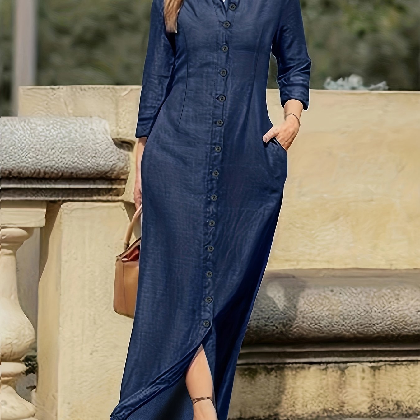 Solid maxi dress with button-front and long sleeves — casual, elegant, and comfortable