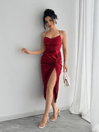 Mermaid evening gown with spaghetti straps, twist detail, and high slit — elegant, all-season formal wear