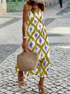 Sleeveless V-neck boho dress with loose fit and patchwork detail, perfect for casual and vacation wear