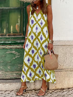 Sleeveless V-neck boho dress with loose fit and patchwork detail, perfect for casual and vacation wear