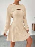 Ribbed dress set with hoodie shrug and sleeveless square-neck A-line dress, casual and versatile