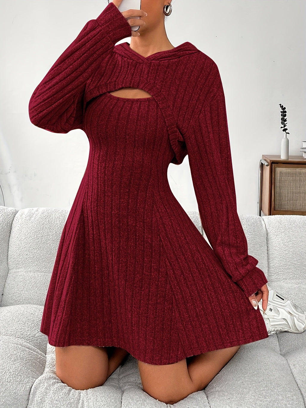 Ribbed dress set with hoodie shrug and sleeveless square-neck A-line dress, casual and versatile