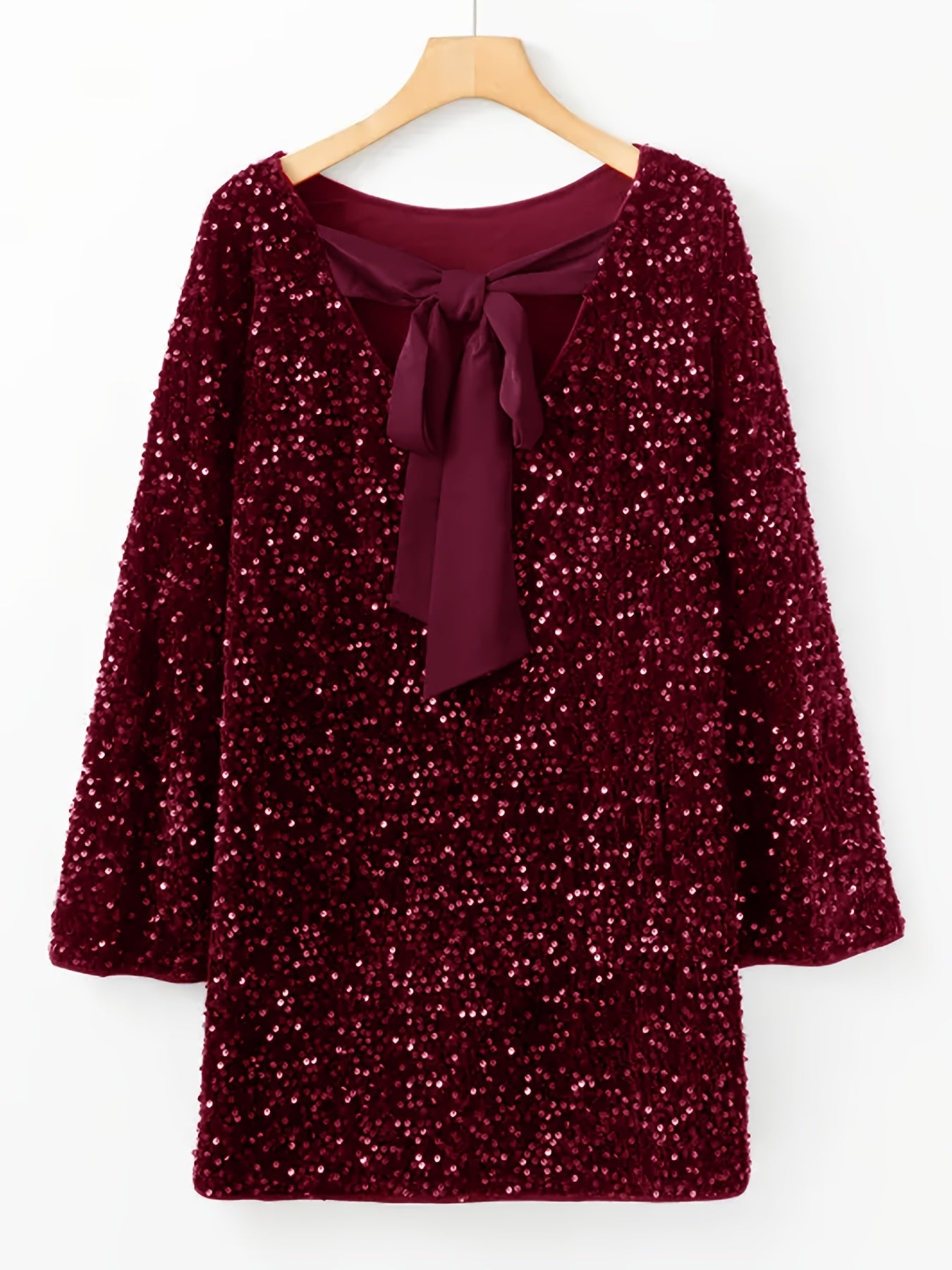 Black sequin crew-neck dress with long sleeves and back bowknot — ideal for parties and holiday events
