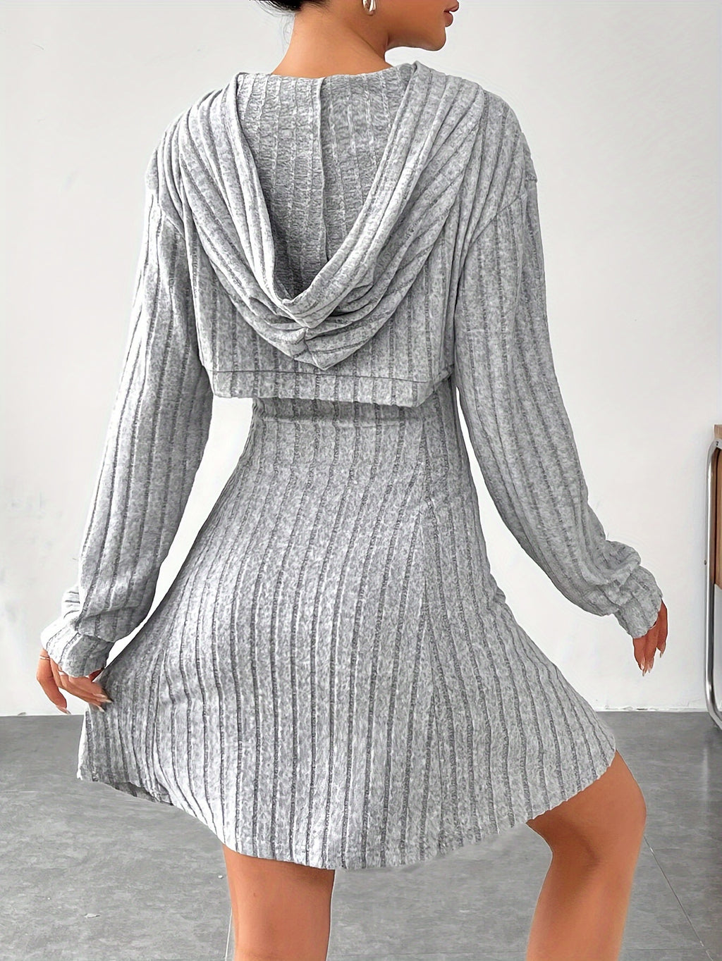 Ribbed dress set with hoodie shrug and sleeveless square-neck A-line dress, casual and versatile