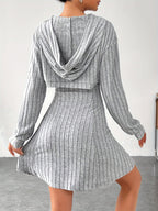 Ribbed dress set with hoodie shrug and sleeveless square-neck A-line dress, casual and versatile