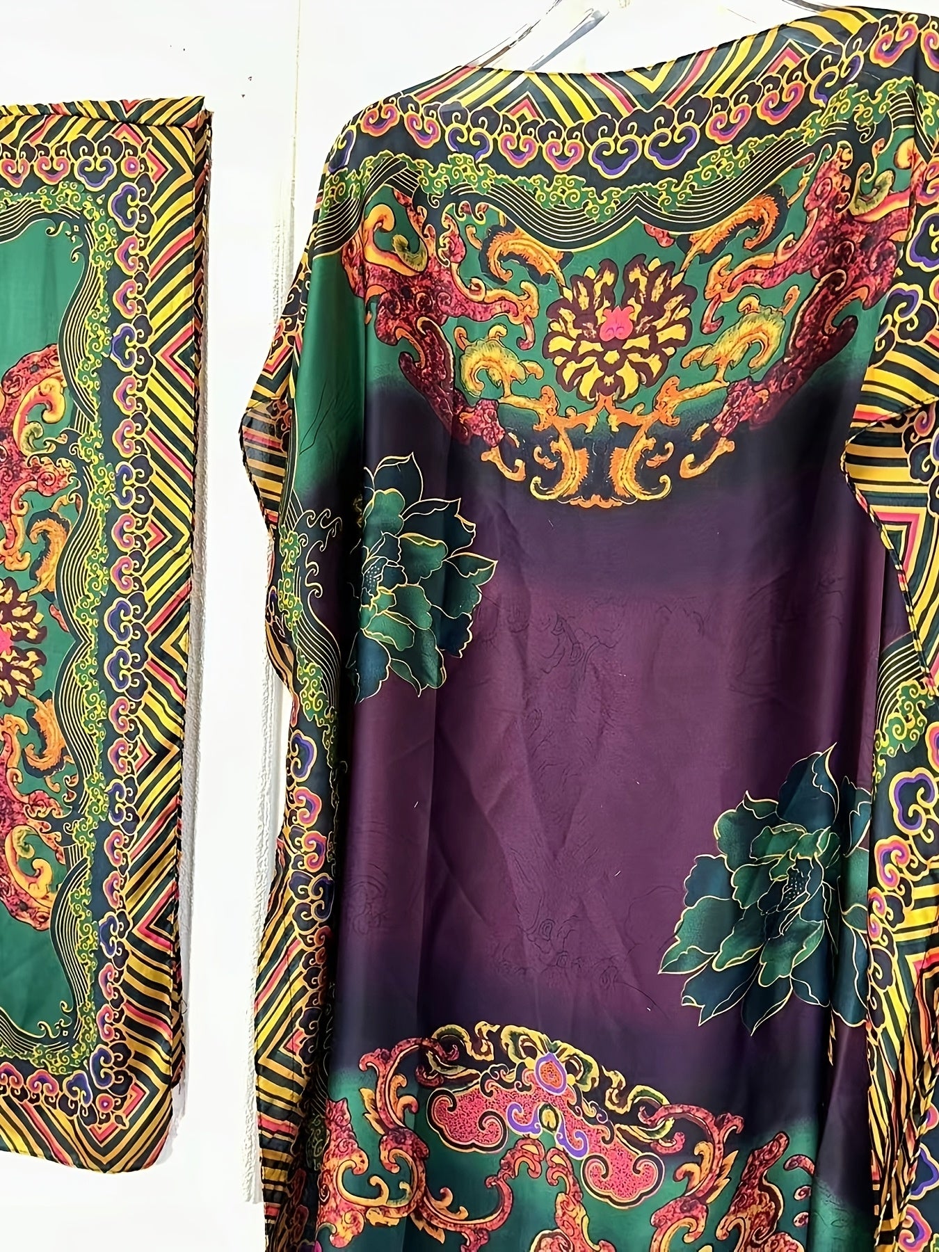 Plus size long kaftan robe with batwing sleeves and scarf, perfect for party and all-season wear