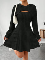 Ribbed dress set with hoodie shrug and sleeveless square-neck A-line dress, casual and versatile