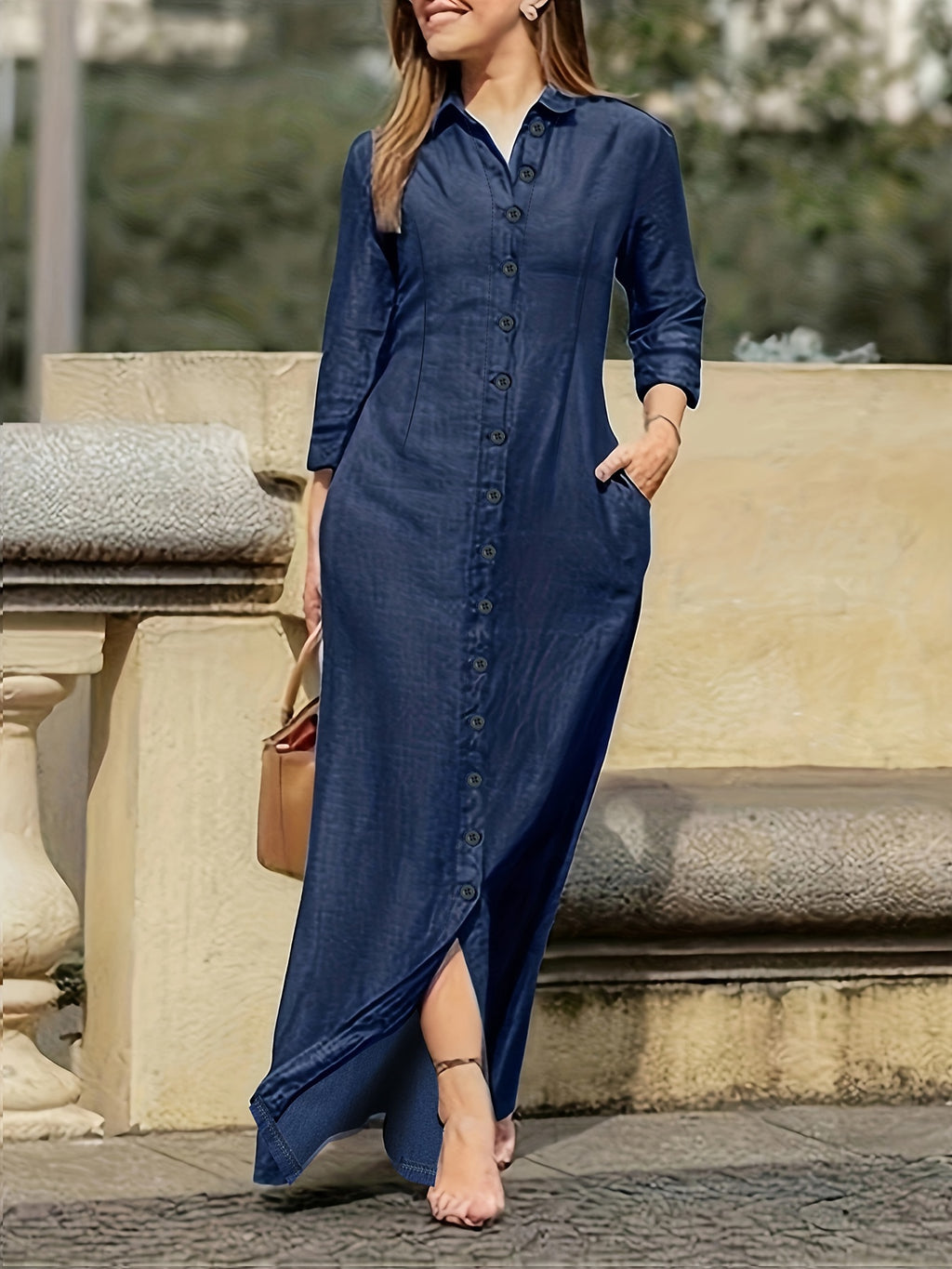 Solid maxi dress with button-front and long sleeves — casual, elegant, and comfortable