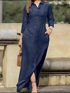 Solid maxi dress with button-front and long sleeves — casual, elegant, and comfortable