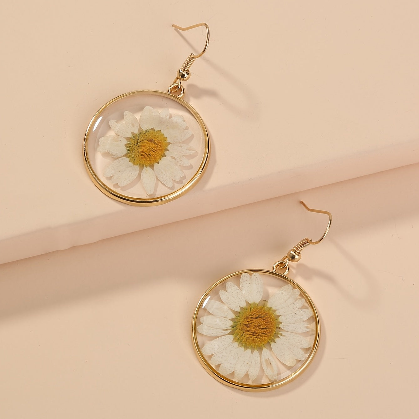 Golden-Tone Copper Earrings – White Flower Boho Style Gift