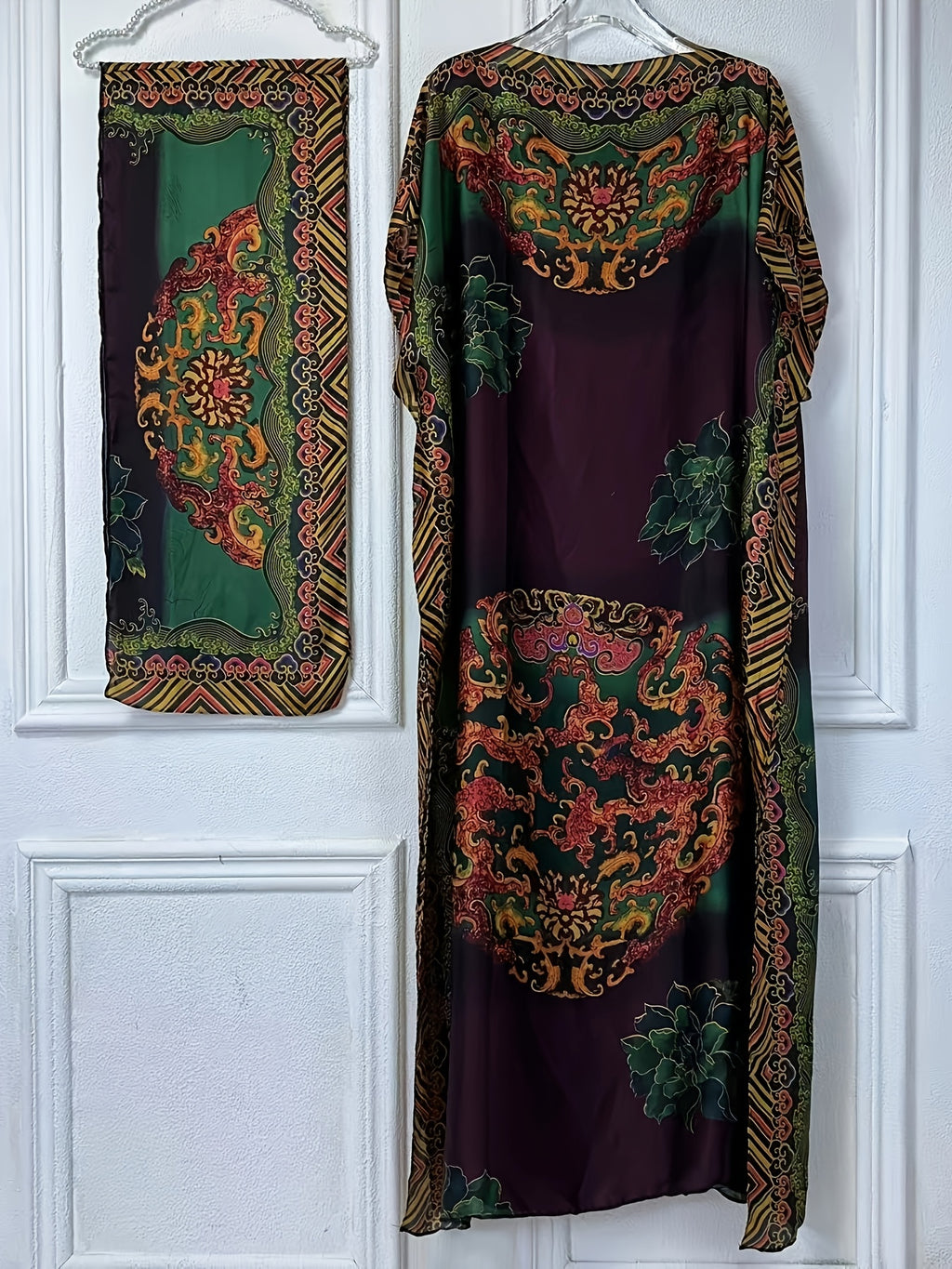 Plus size long kaftan robe with batwing sleeves and scarf, perfect for party and all-season wear
