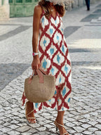 Sleeveless V-neck boho dress with loose fit and patchwork detail, perfect for casual and vacation wear