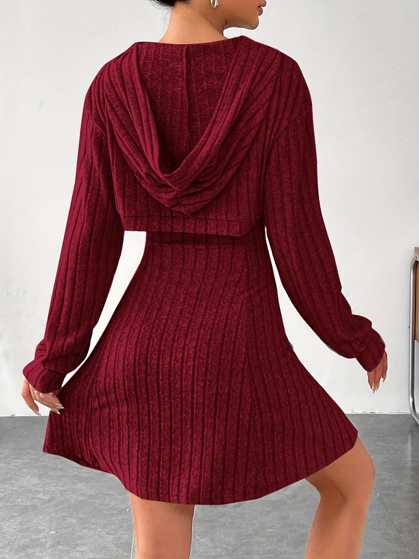 Ribbed dress set with hoodie shrug and sleeveless square-neck A-line dress, casual and versatile