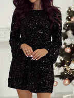 Black sequin crew-neck dress with long sleeves and back bowknot — ideal for parties and holiday events