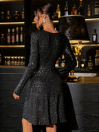 Long-sleeve V-neck dress with sequins and waist detail — perfect for autumn and winter