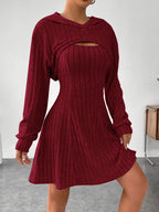 Ribbed dress set with hoodie shrug and sleeveless square-neck A-line dress, casual and versatile