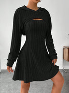 Ribbed dress set with hoodie shrug and sleeveless square-neck A-line dress, casual and versatile