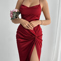 Mermaid evening gown with spaghetti straps, twist detail, and high slit — elegant, all-season formal wear