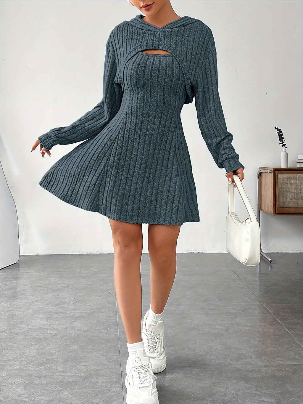Ribbed dress set with hoodie shrug and sleeveless square-neck A-line dress, casual and versatile