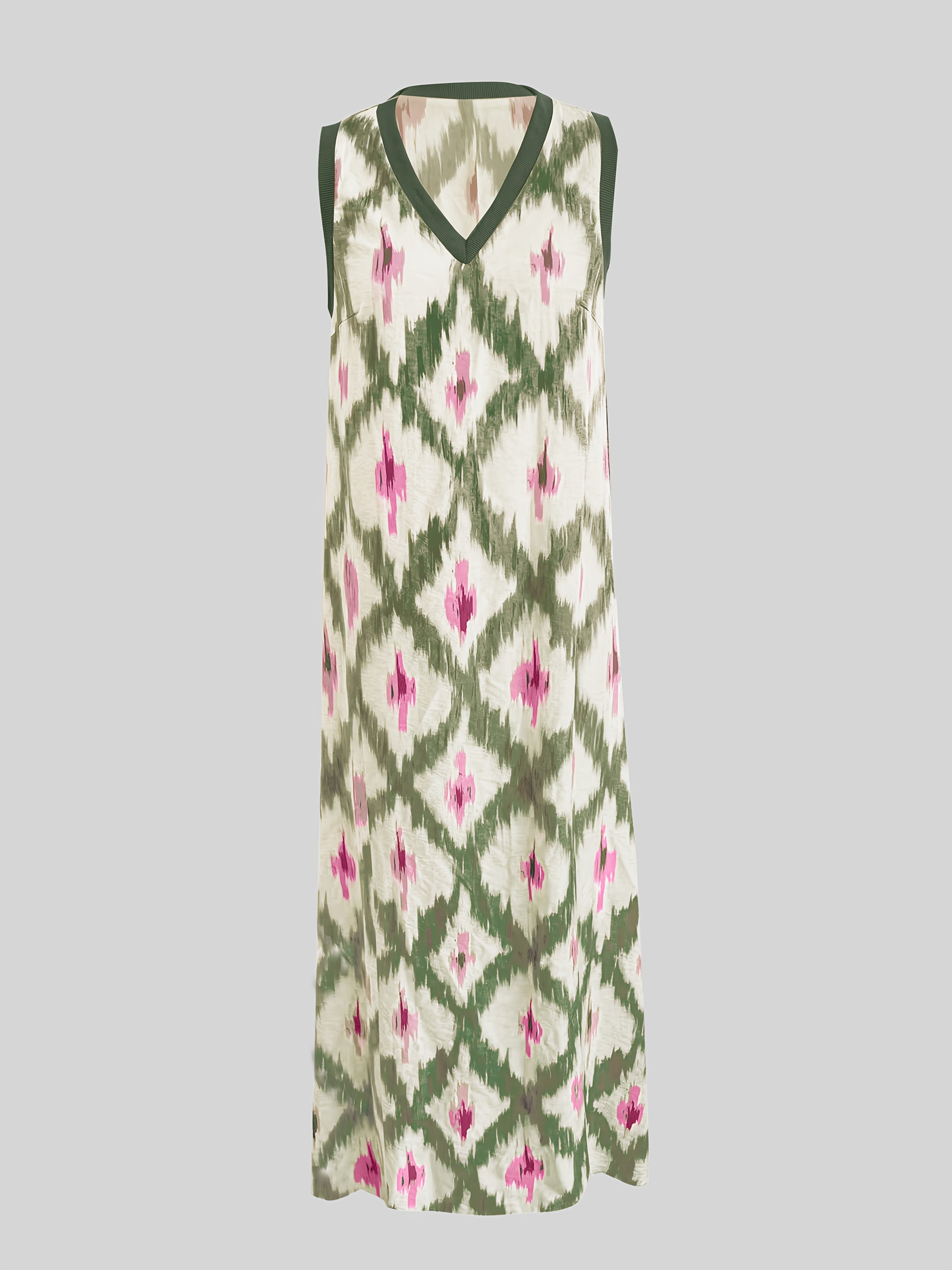 Sleeveless V-neck boho dress with loose fit and patchwork detail, perfect for casual and vacation wear