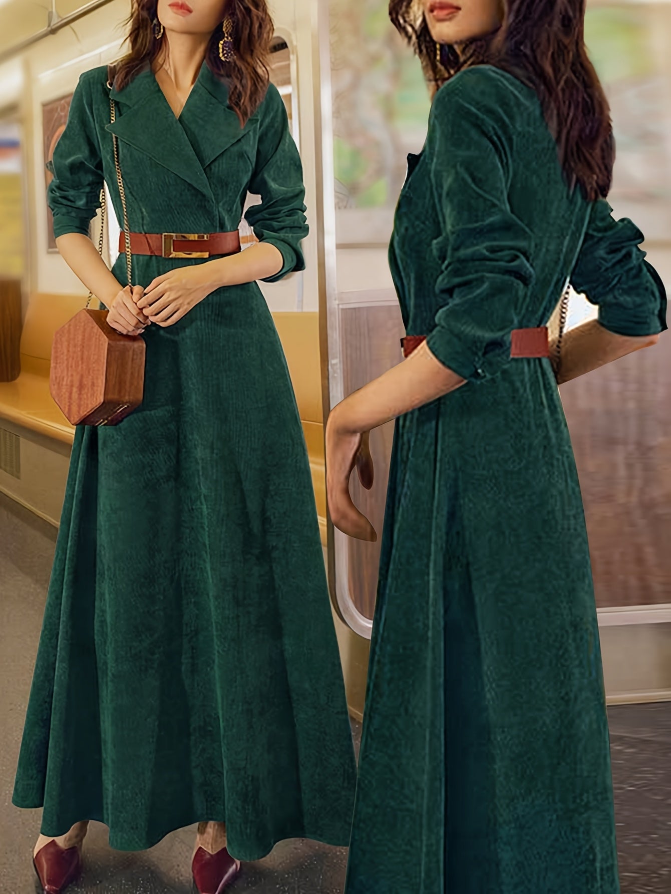 Long sleeve trench coat dress with double-breasted front, belted waist, and pockets — vintage autumn/winter style