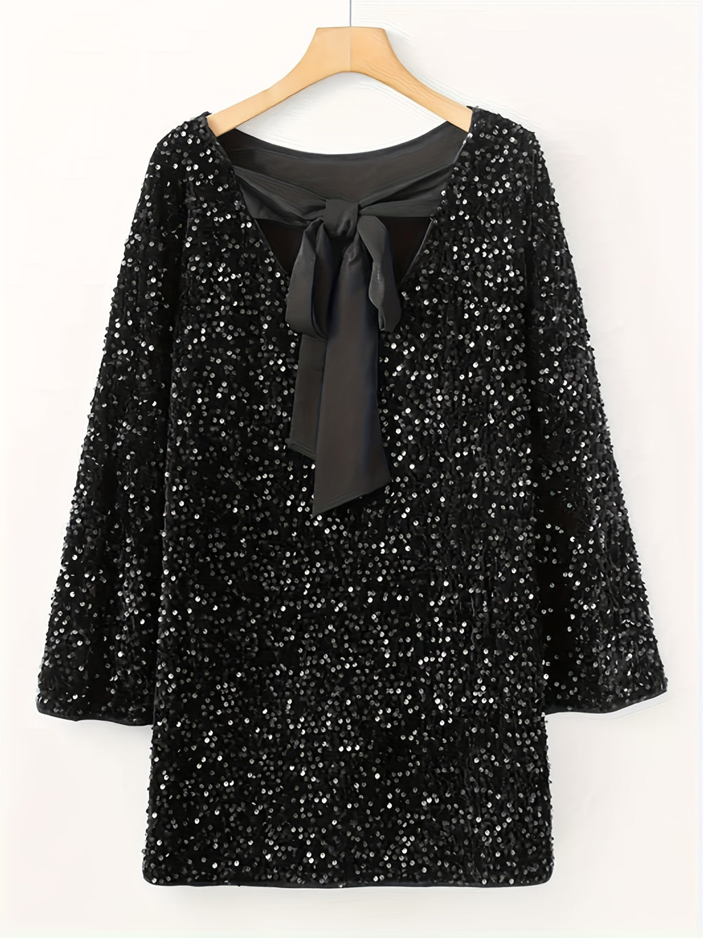 Black sequin crew-neck dress with long sleeves and back bowknot — ideal for parties and holiday events