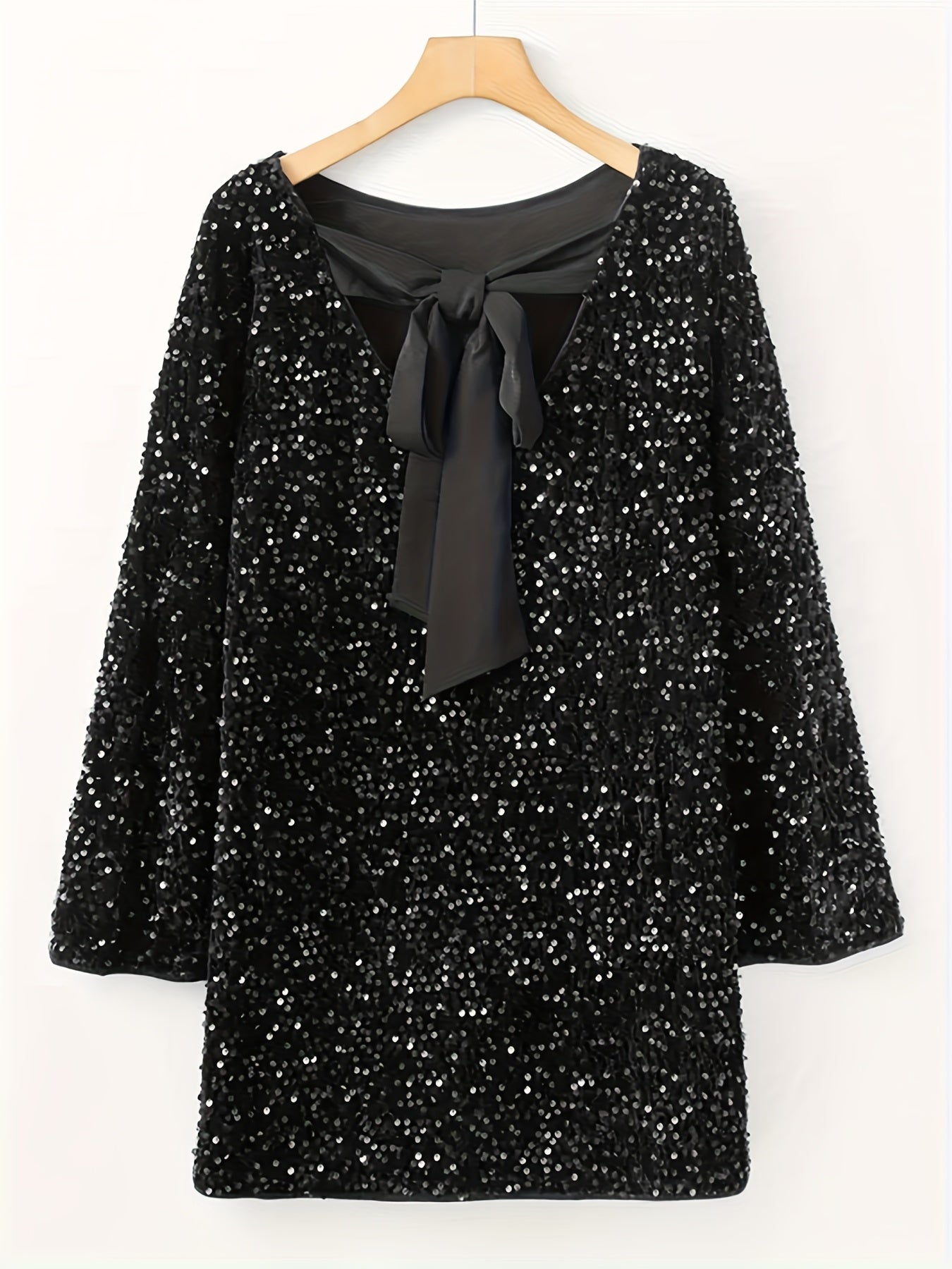 Black sequin crew-neck dress with long sleeves and back bowknot — ideal for parties and holiday events