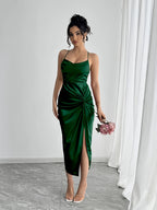 Mermaid evening gown with spaghetti straps, twist detail, and high slit — elegant, all-season formal wear