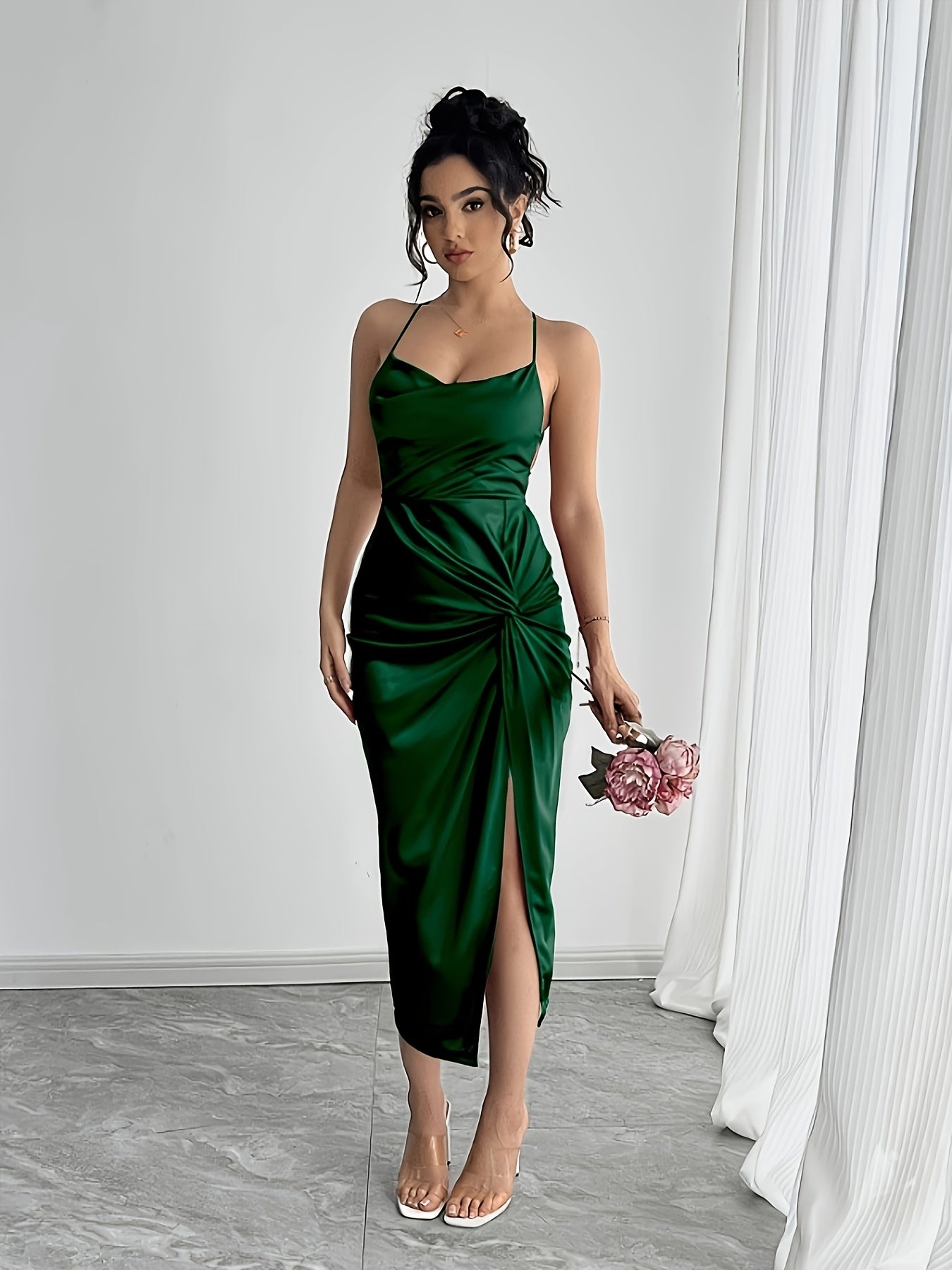 Mermaid evening gown with spaghetti straps, twist detail, and high slit — elegant, all-season formal wear