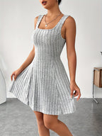 Ribbed dress set with hoodie shrug and sleeveless square-neck A-line dress, casual and versatile