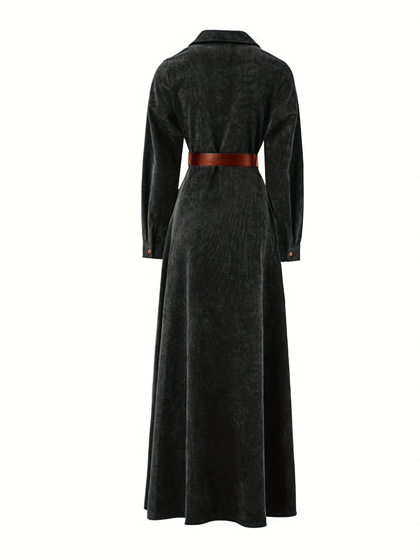 Long sleeve trench coat dress with double-breasted front, belted waist, and pockets — vintage autumn/winter style