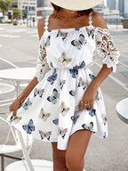 Off-shoulder butterfly print dress with lace sleeves, perfect for summer outings