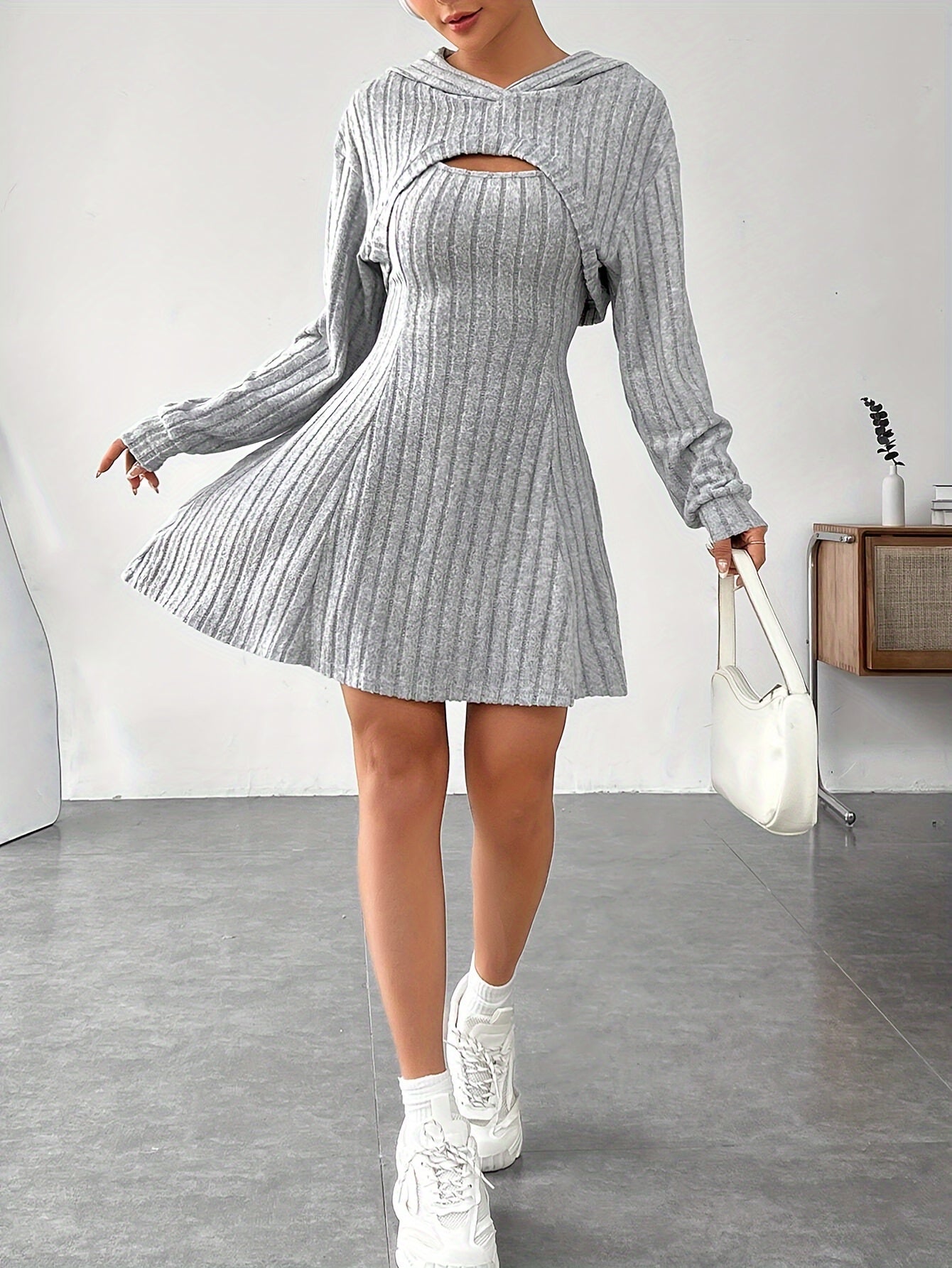 Ribbed dress set with hoodie shrug and sleeveless square-neck A-line dress, casual and versatile