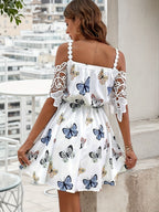 Off-shoulder butterfly print dress with lace sleeves, perfect for summer outings