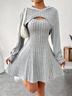 Ribbed dress set with hoodie shrug and sleeveless square-neck A-line dress, casual and versatile