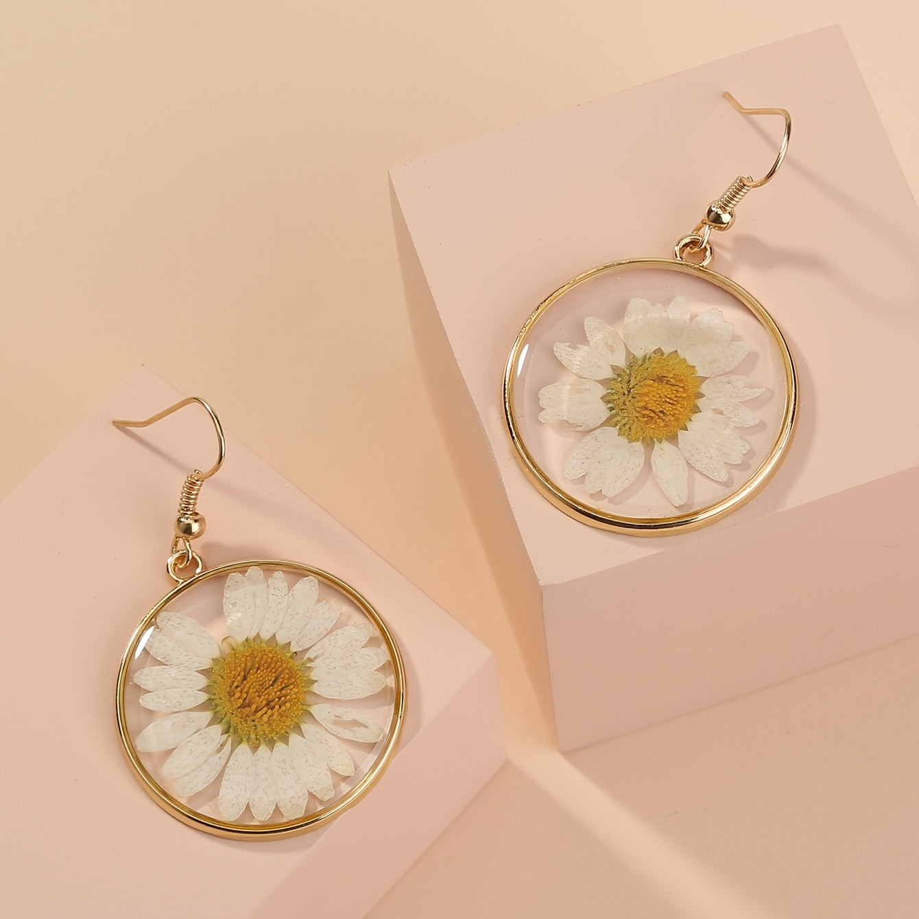 Golden-Tone Copper Earrings – White Flower Boho Style Gift