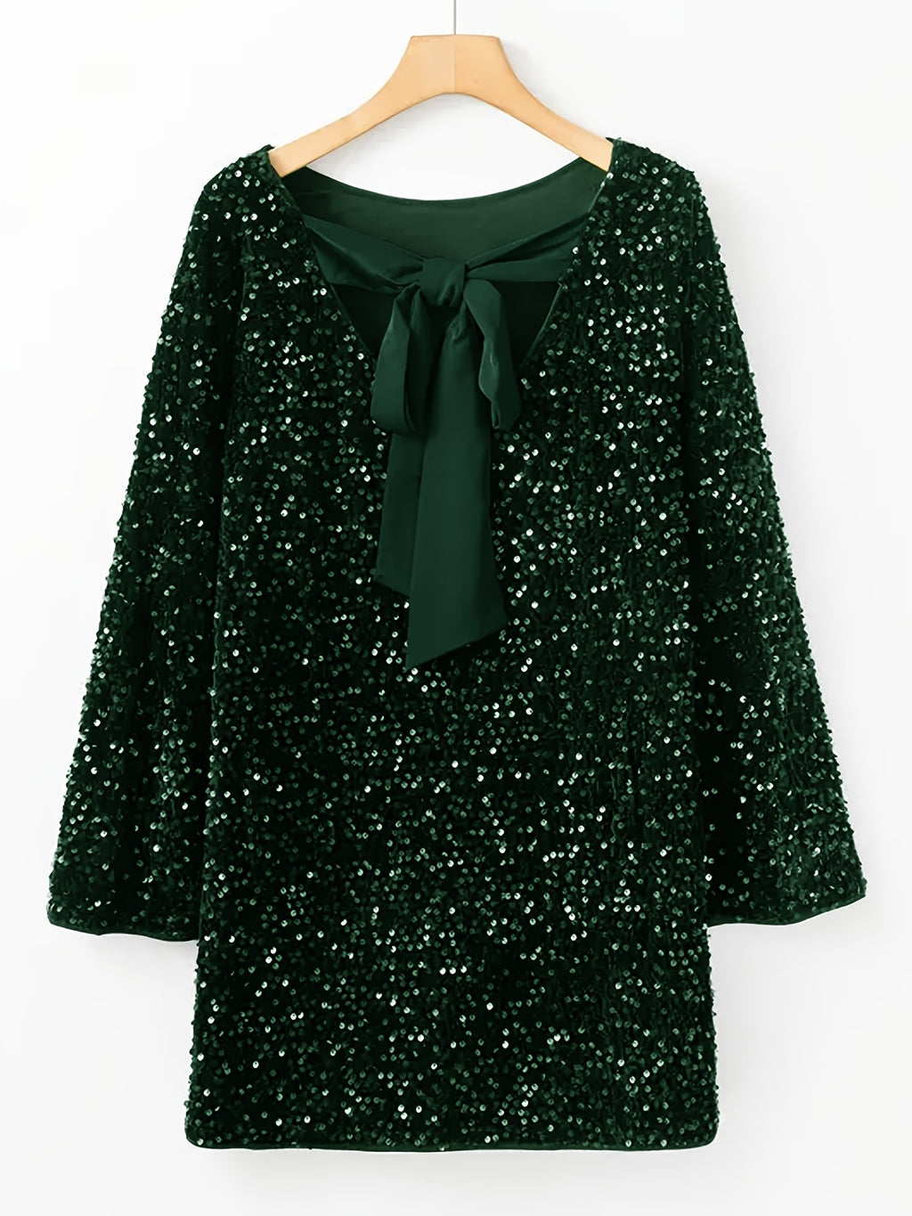 Black sequin crew-neck dress with long sleeves and back bowknot — ideal for parties and holiday events