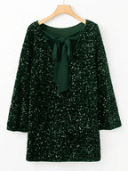 Black sequin crew-neck dress with long sleeves and back bowknot — ideal for parties and holiday events