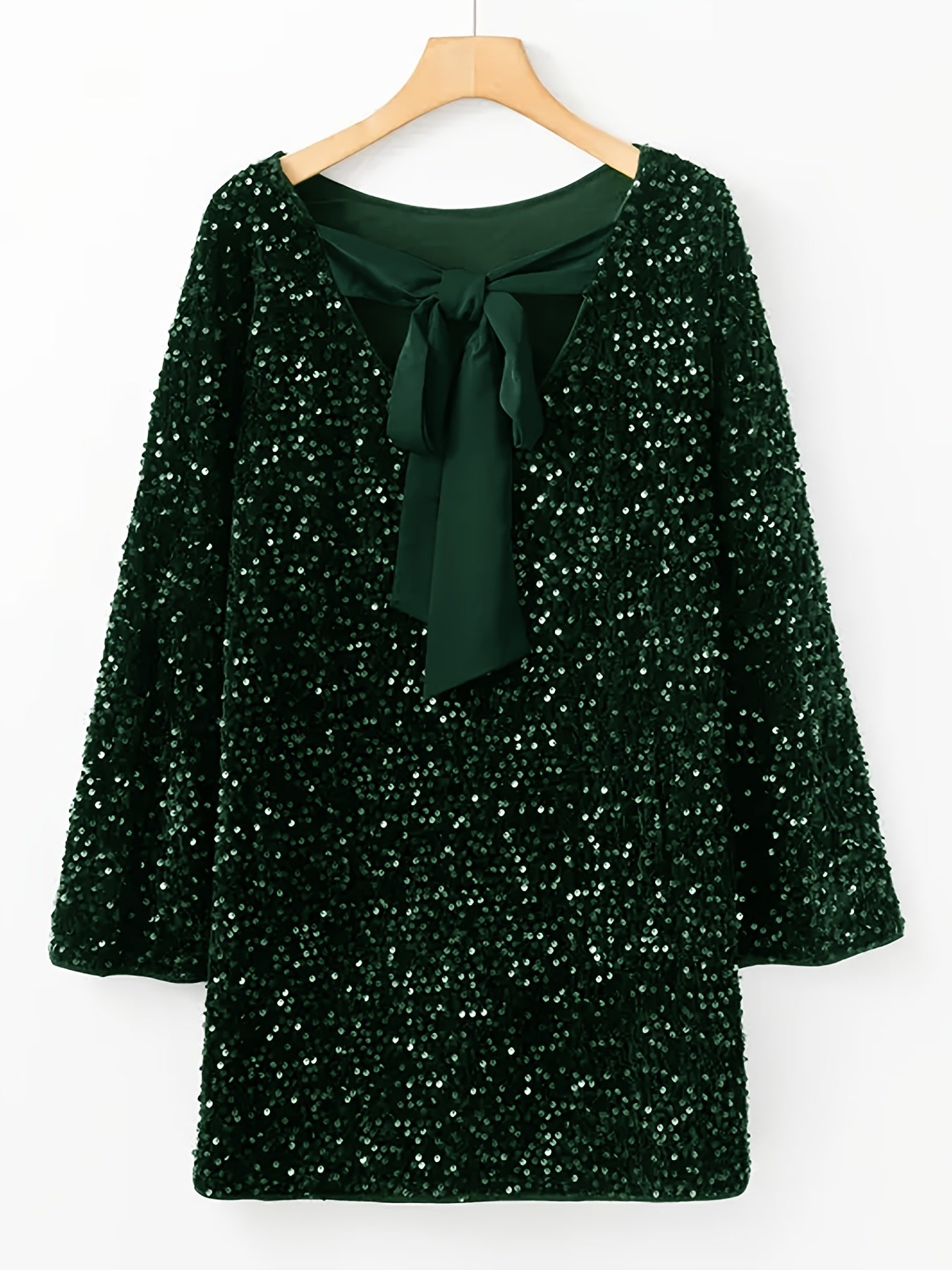 Black sequin crew-neck dress with long sleeves and back bowknot — ideal for parties and holiday events